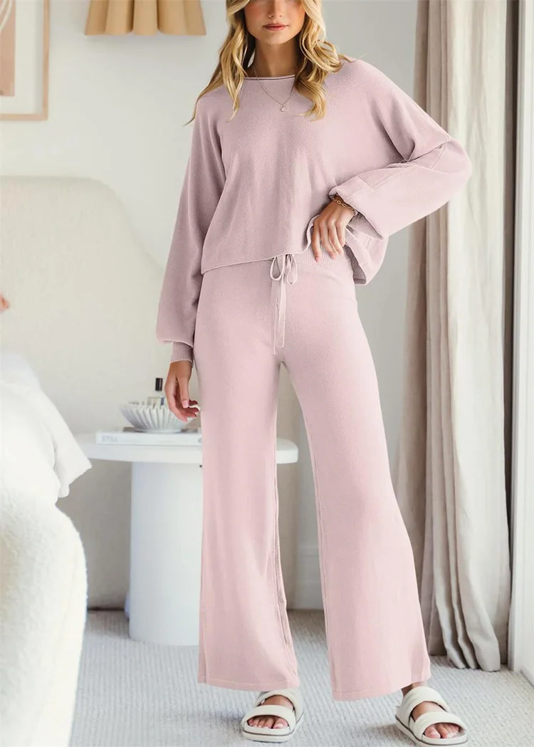 Women Plain Two-Piece Set Daily Long Sleeve Casual Spring/Fall Top With Pants Matching Set