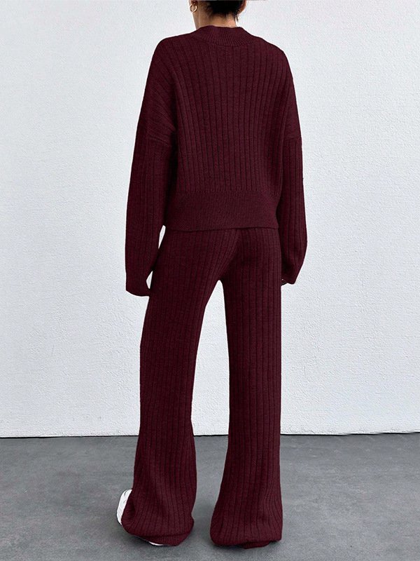 Women Plain Two-Piece Set Daily Long Sleeve Casual Spring/Fall Top With Pants Matching Set