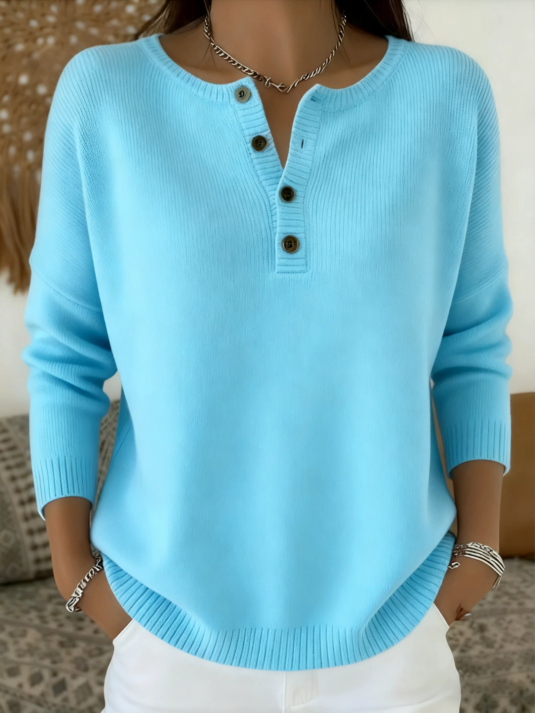 Women Cotton Plain Long Sleeve Comfy Casual Sweater