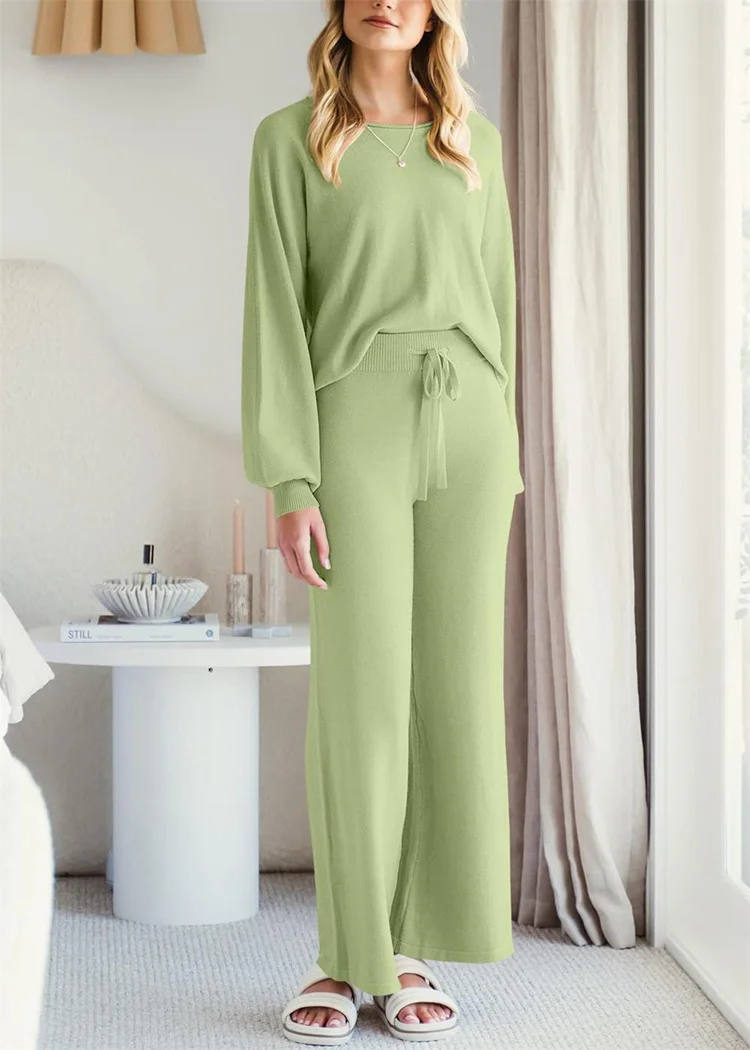 Women Plain Two-Piece Set Daily Long Sleeve Casual Spring/Fall Top With Pants Matching Set