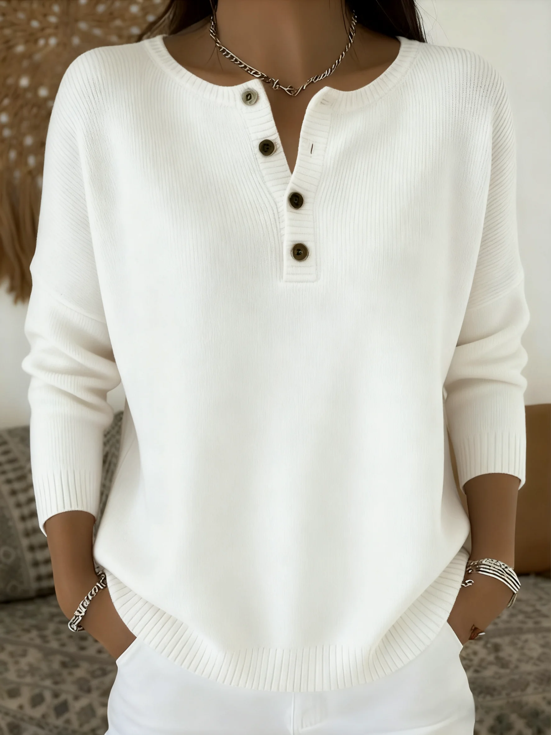 Women Cotton Plain Long Sleeve Comfy Casual Sweater