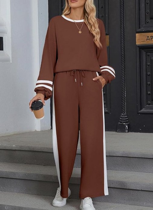 Women Color Block Two-Piece Set Daily Long Sleeve Casual Spring/Fall Top With Pants Matching Set