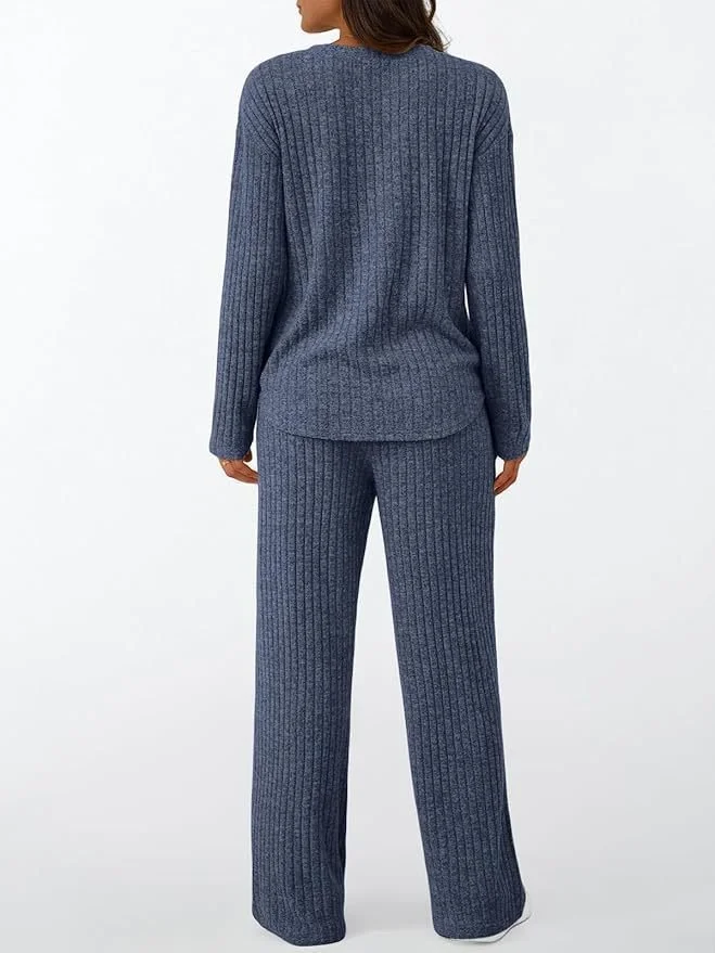 Women Plain Two-Piece Set Daily Long Sleeve Casual Spring/Fall Top With Pants Matching Set