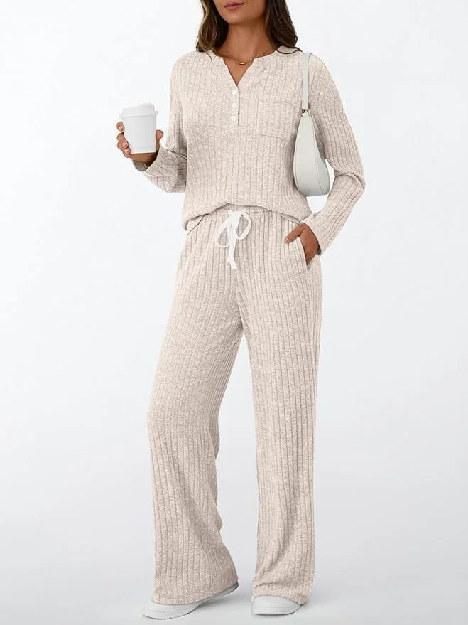 Women Plain Two-Piece Set Daily Long Sleeve Casual Spring/Fall Top With Pants Matching Set