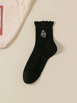 Cotton Embroidery Sweat-absorbent Trendy Japanese Style Cute Fungus Lace Mid-tube Women's Socks Breathable Pile Socks