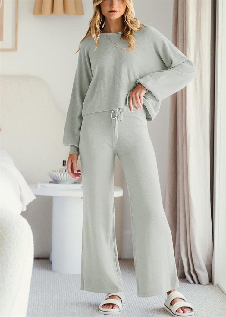 Women Plain Two-Piece Set Daily Long Sleeve Casual Spring/Fall Top With Pants Matching Set