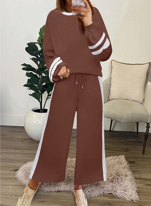 Women Color Block Two-Piece Set Daily Long Sleeve Casual Spring/Fall Top With Pants Matching Set