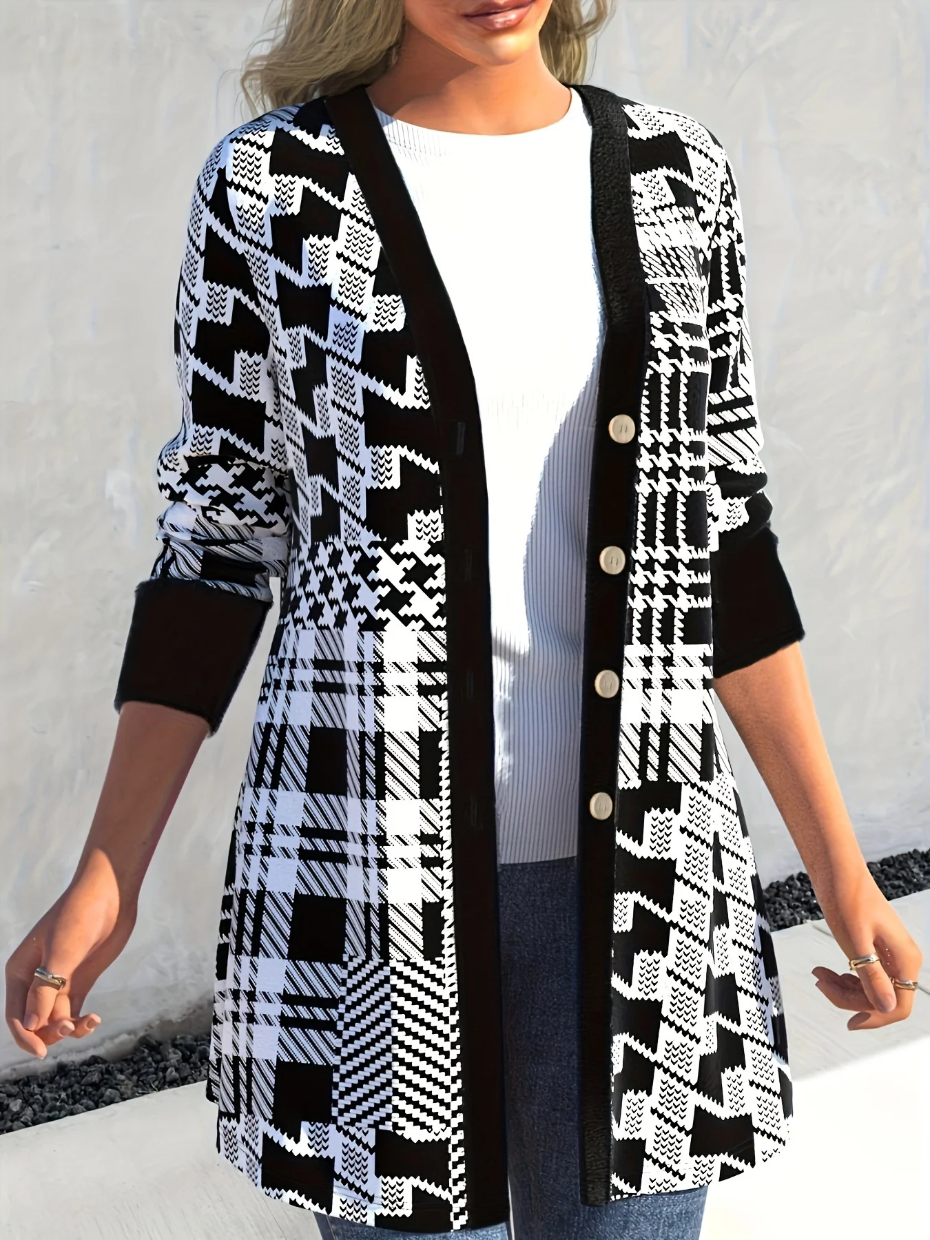 Women Spring/Fall Outerwear Casual Printing Geometric Long Sleeve Wrap Jacket
