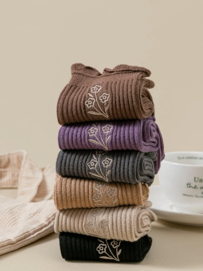 Cotton Embroidery Sweat-absorbent Trendy Japanese Style Cute Fungus Lace Mid-tube Women's Socks Breathable Pile Socks