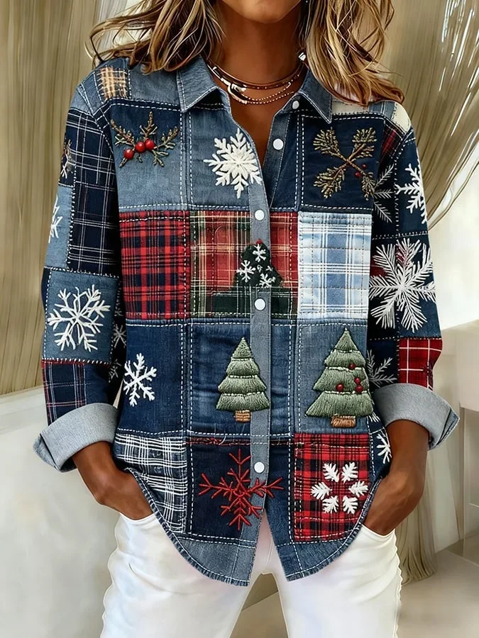 Shirt Collar Regular Sleeve Long Sleeve Christmas Buckle Regular Loose Button Up Shirt Shirt For Women