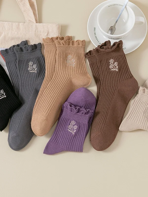 Cotton Embroidery Sweat-absorbent Trendy Japanese Style Cute Fungus Lace Mid-tube Women's Socks Breathable Pile Socks