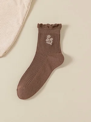 Cotton Embroidery Sweat-absorbent Trendy Japanese Style Cute Fungus Lace Mid-tube Women's Socks Breathable Pile Socks