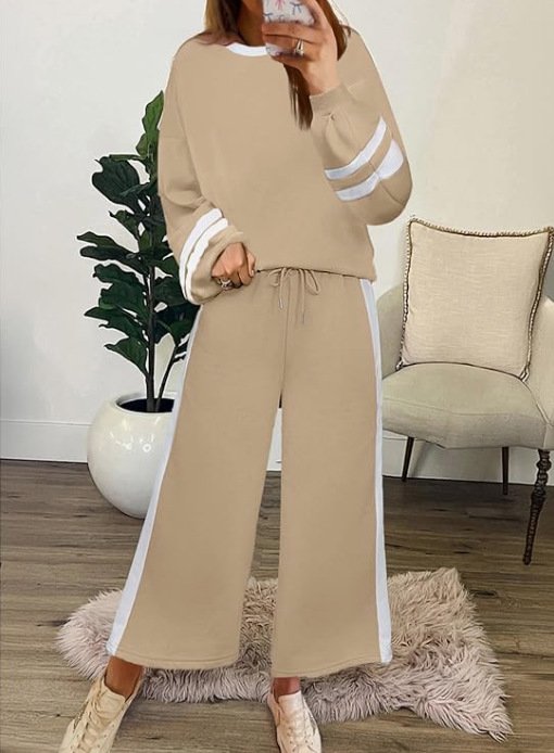 Women Color Block Two-Piece Set Daily Long Sleeve Casual Spring/Fall Top With Pants Matching Set