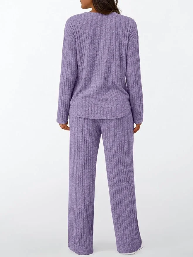 Women Plain Two-Piece Set Daily Long Sleeve Casual Spring/Fall Top With Pants Matching Set