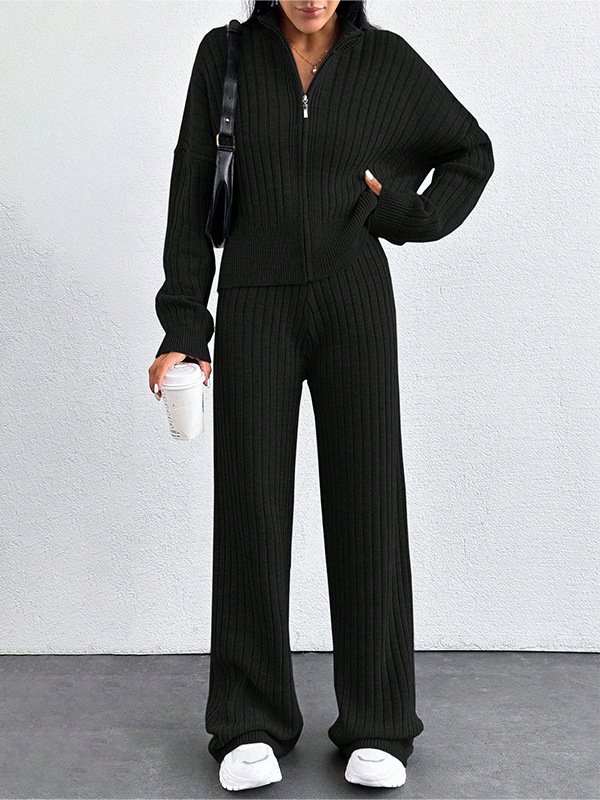 Women Plain Two-Piece Set Daily Long Sleeve Casual Spring/Fall Top With Pants Matching Set