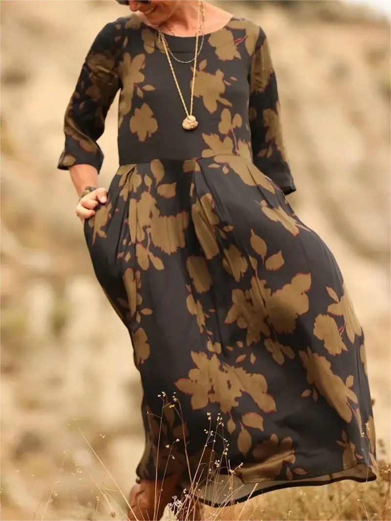 Women Floral Summer Dress Crew Neck Half Sleeve H-Line Dress