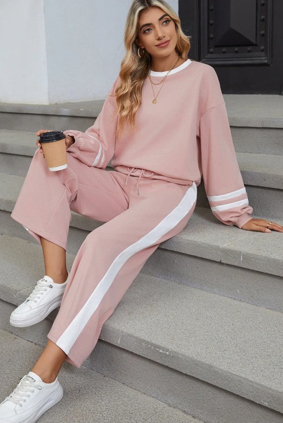 Women Color Block Two-Piece Set Daily Long Sleeve Casual Spring/Fall Top With Pants Matching Set