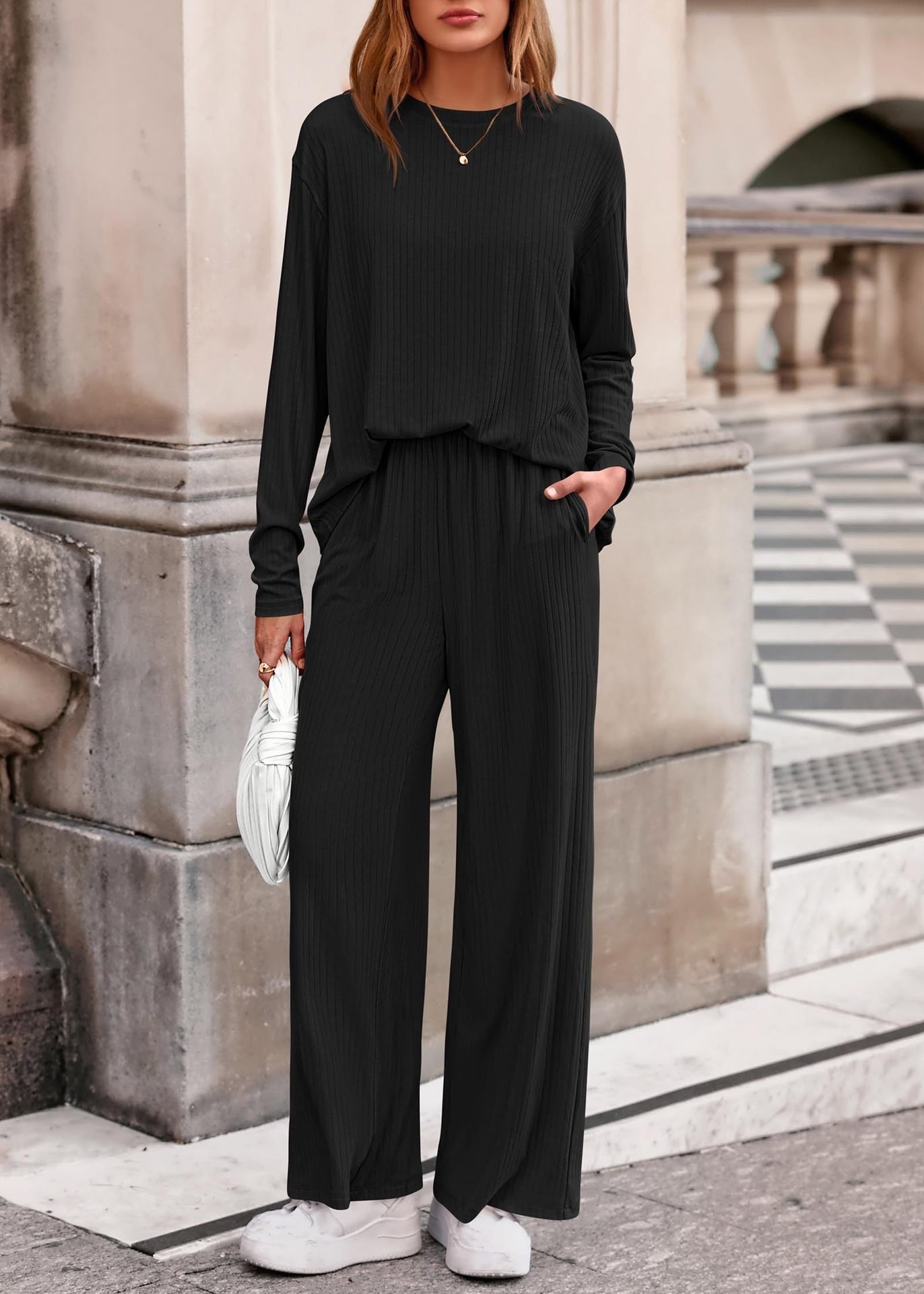 Women Plain Two-Piece Set Daily Long Sleeve Casual Spring/Fall Top With Pants Matching Set