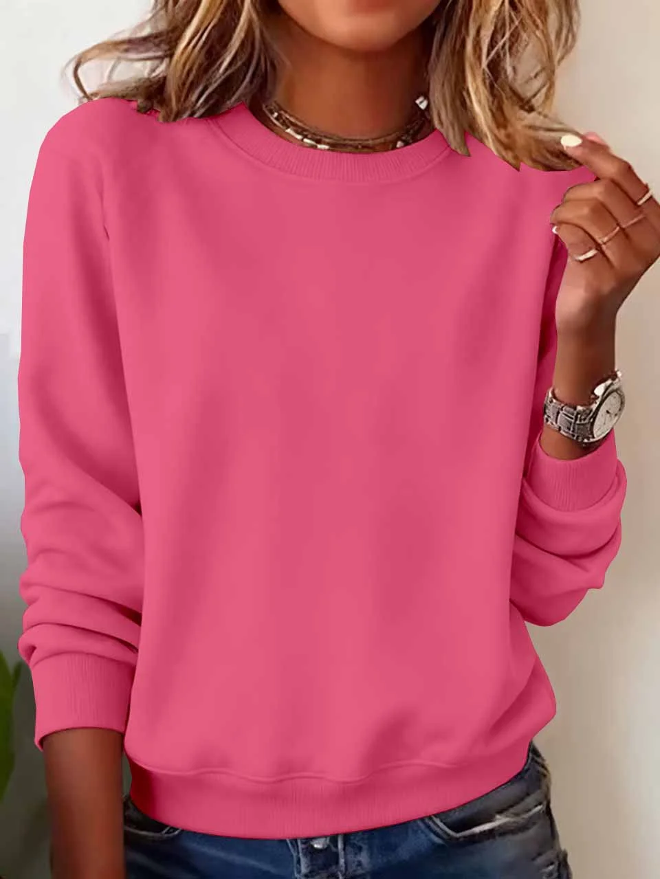 Casual Crew Neck Plain Sweatshirt