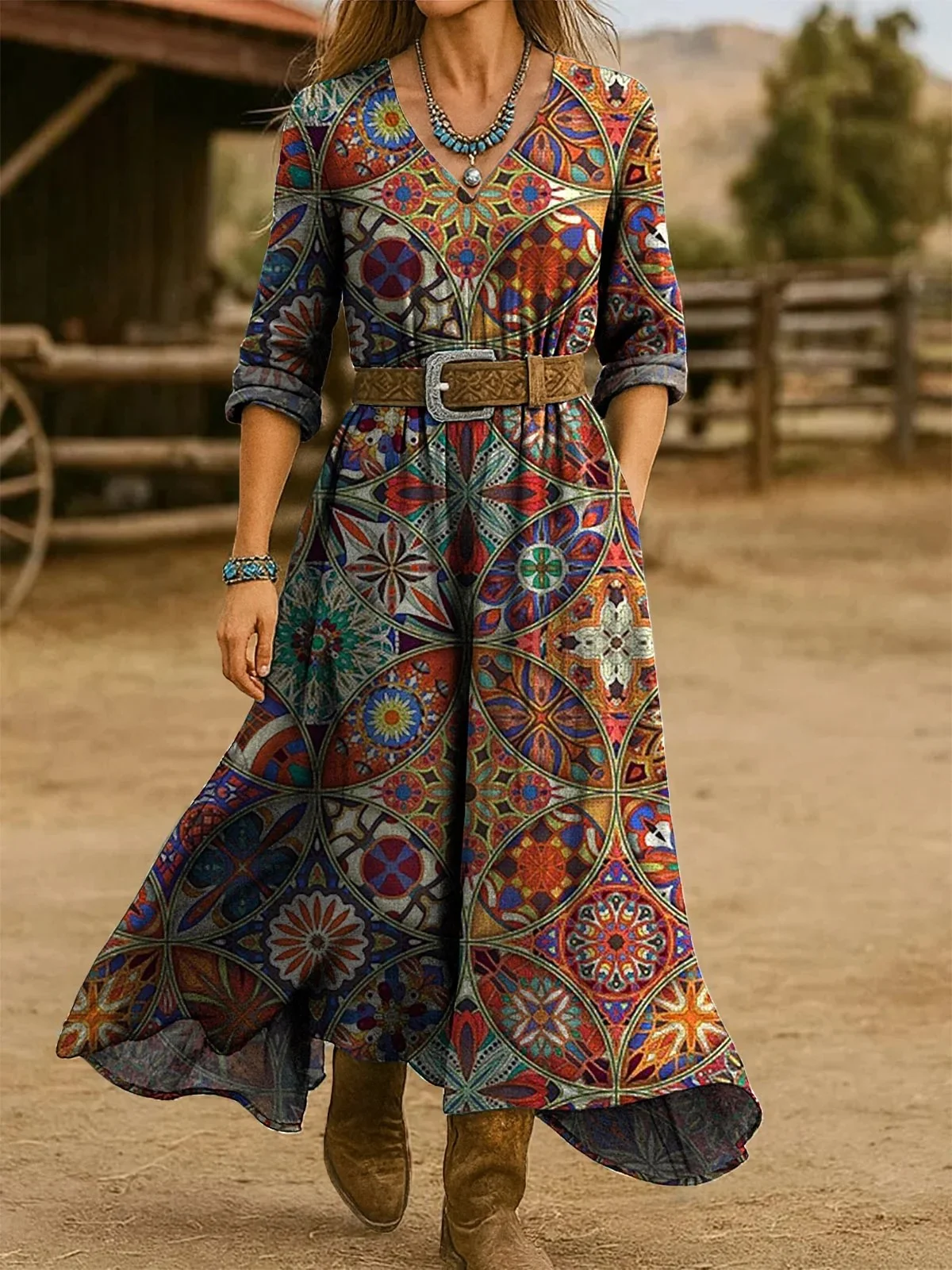 Women Floral Spring/Fall Dress V Neck Long Sleeve H-Line Dress