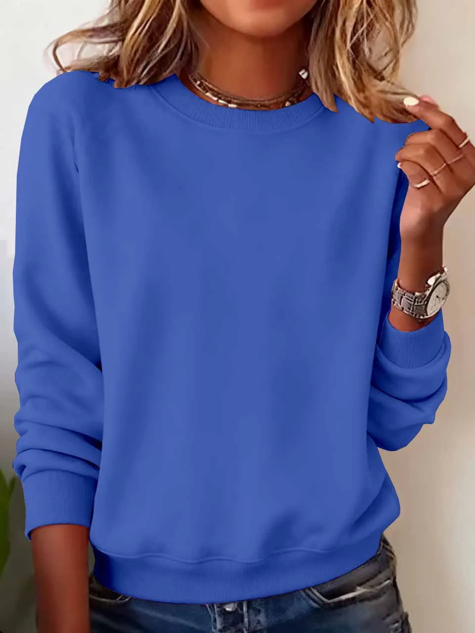 Casual Crew Neck Plain Sweatshirt