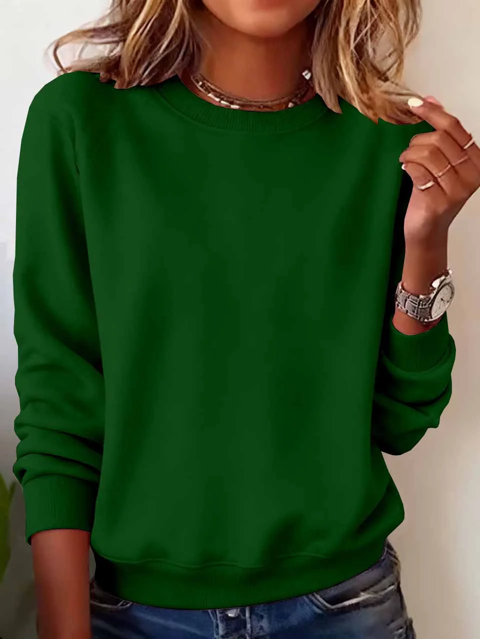 Casual Crew Neck Plain Sweatshirt