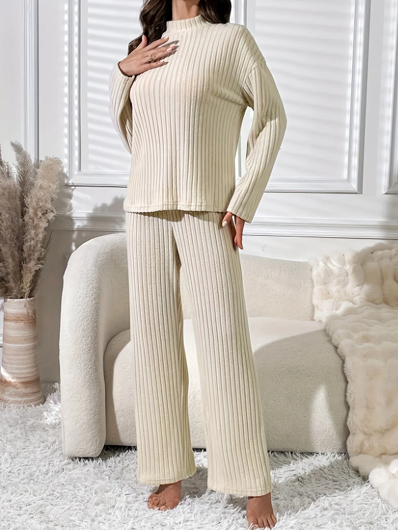 Women Plain Two-Piece Set Daily Long Sleeve Casual Spring/Fall Top With Pants Matching Set