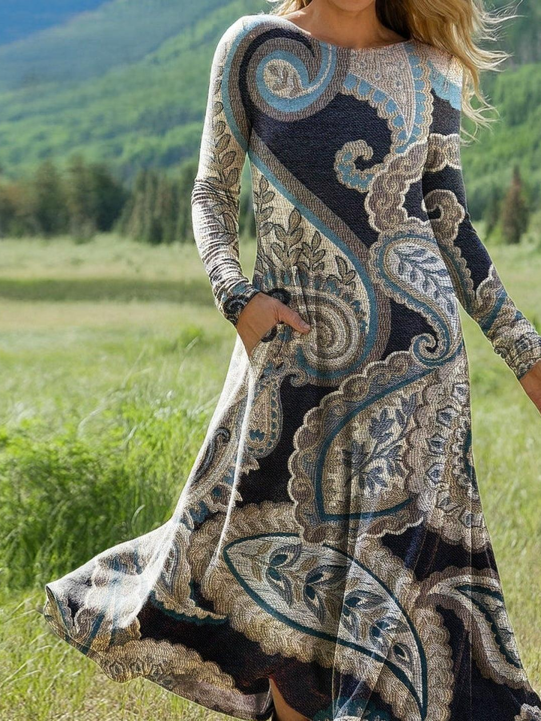 Women Floral Summer Dress Crew Neck Long Sleeve H-Line Dress