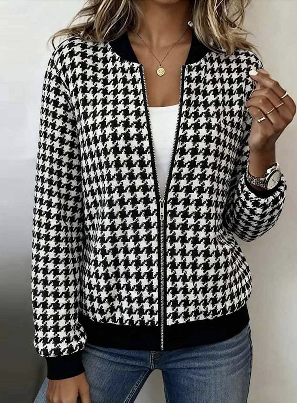 Women Spring/Fall Outerwear Casual Geometric Long Sleeve Stand Collar Jacket