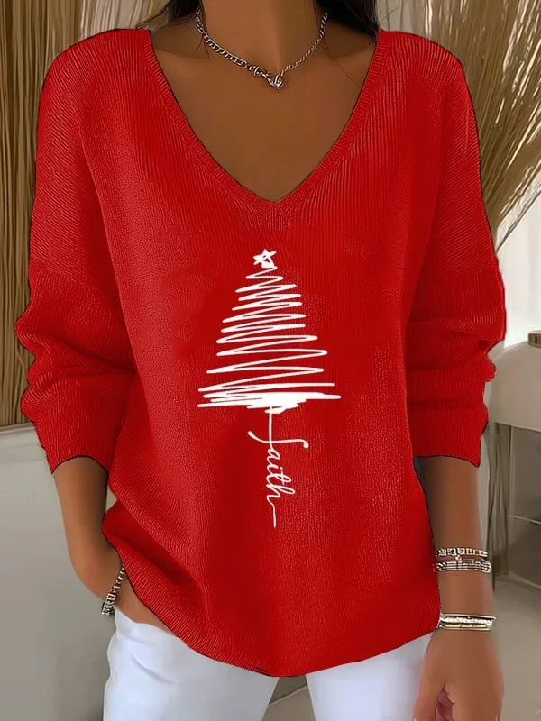 Casual Christmas V Neck Long Sleeve T-shirt