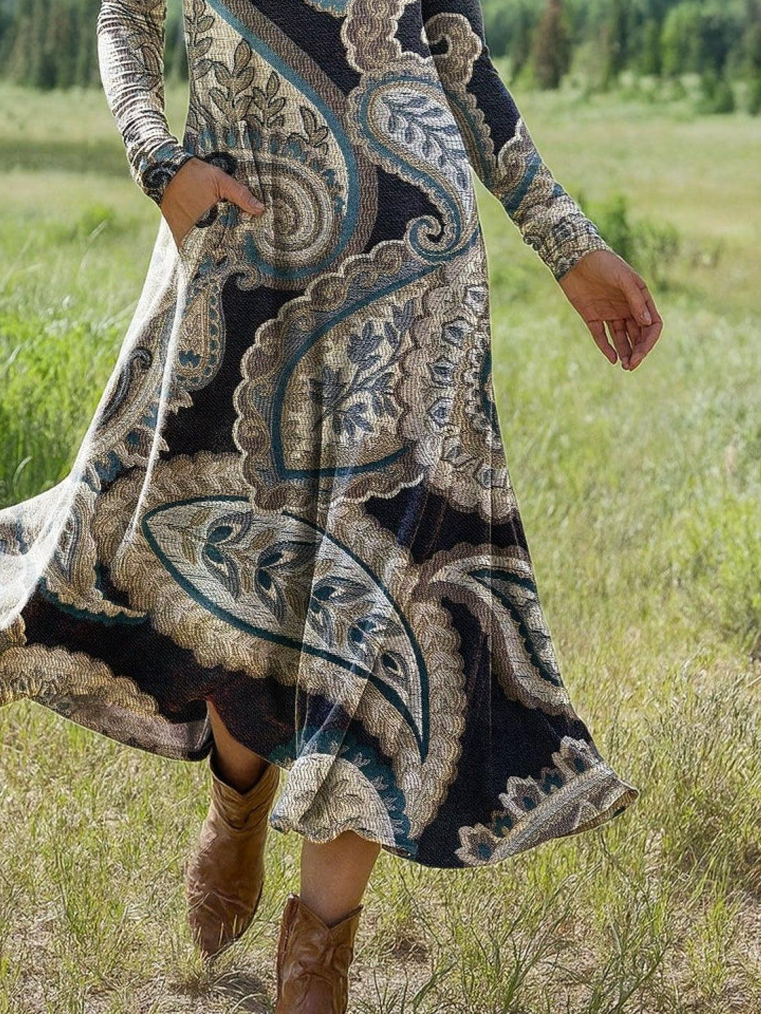 Women Floral Summer Dress Crew Neck Long Sleeve H-Line Dress