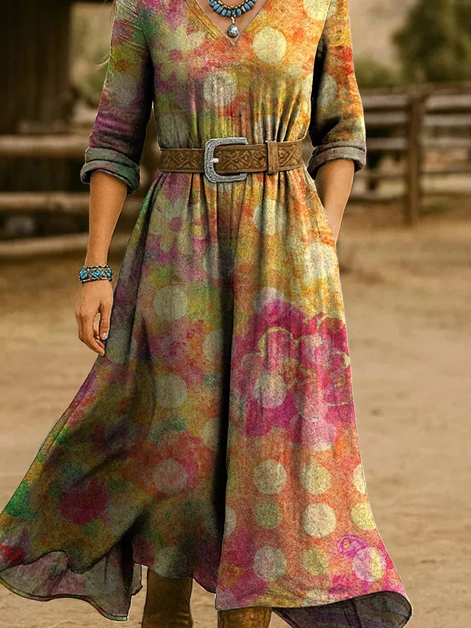 Women Gradient Pattern Spring/Fall Dress V Neck Long Sleeve H-Line Dress