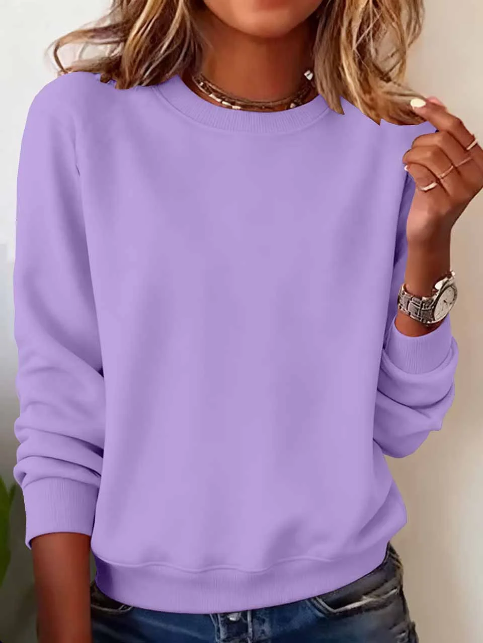 Casual Crew Neck Plain Sweatshirt