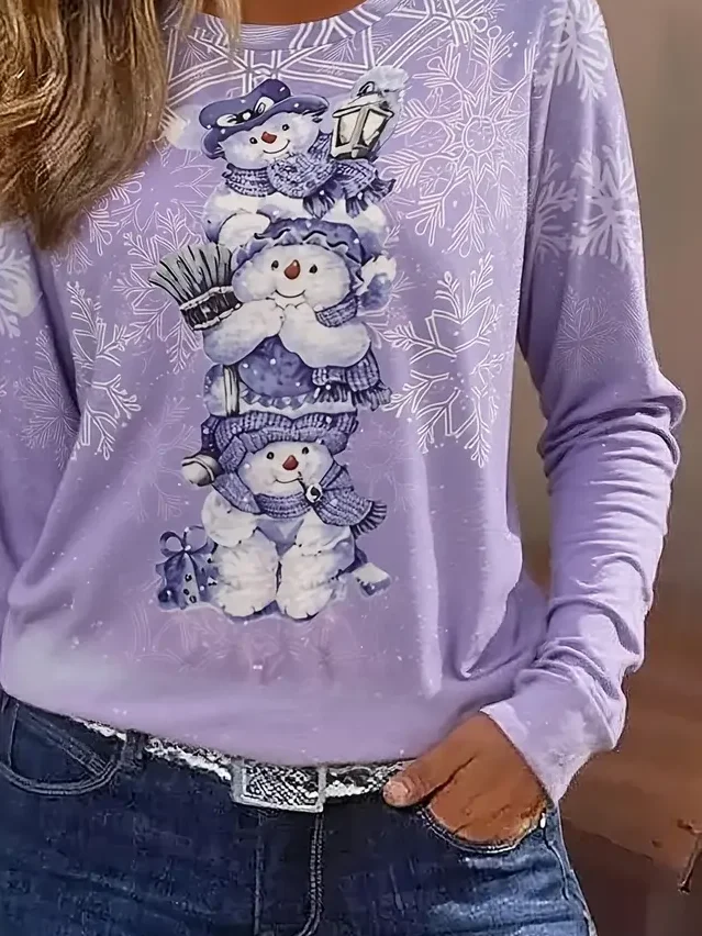 Casual Christmas Snowman Crew Neck Long Sleeve T-shirt