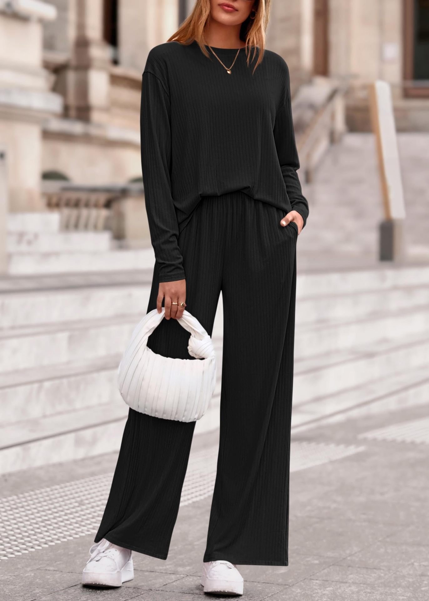 Women Plain Two-Piece Set Daily Long Sleeve Casual Spring/Fall Top With Pants Matching Set