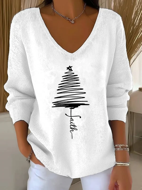Casual Christmas V Neck Long Sleeve T-shirt