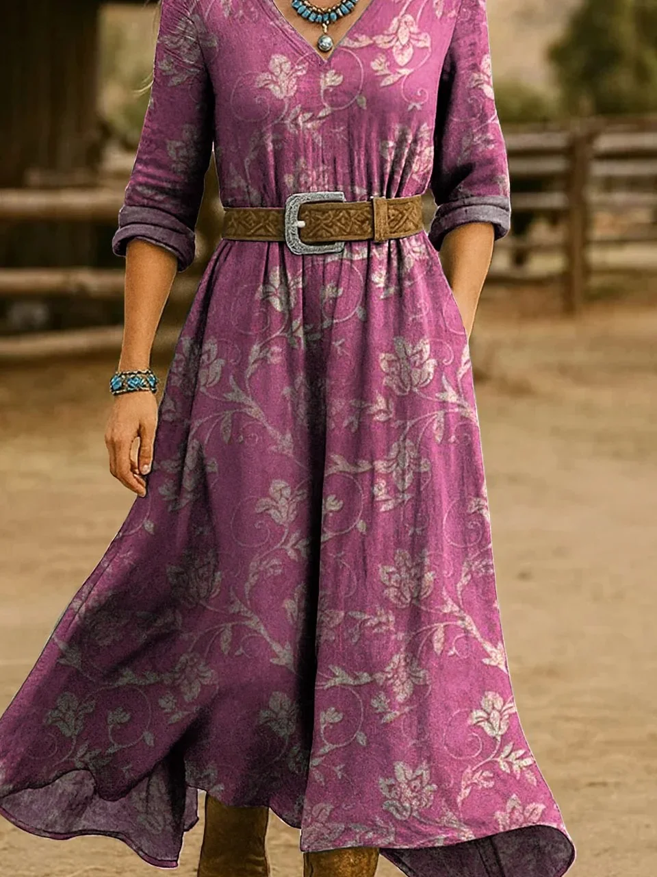 Women Gradient Pattern Spring/Fall Dress V Neck Long Sleeve H-Line Dress