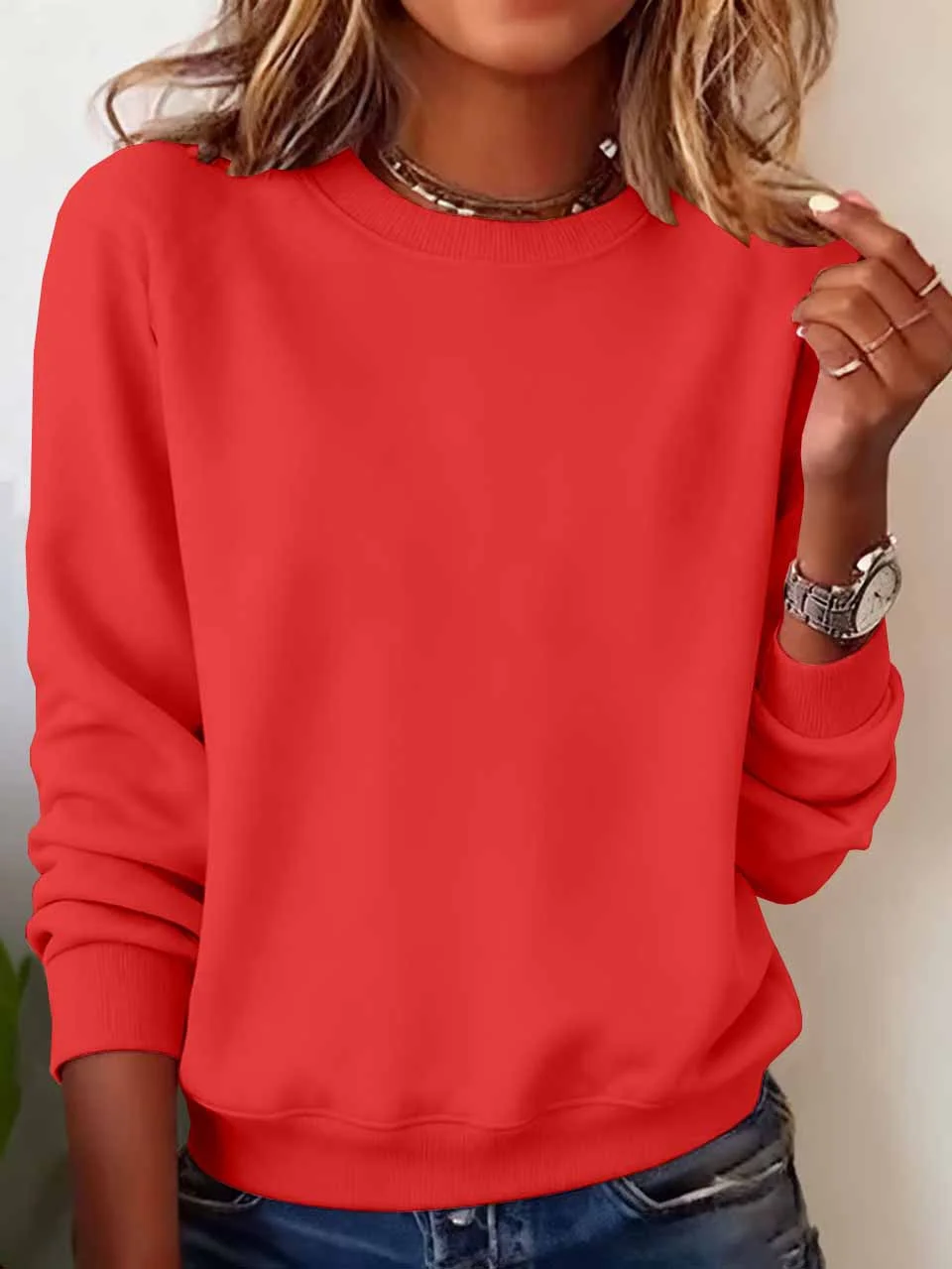 Casual Crew Neck Plain Sweatshirt