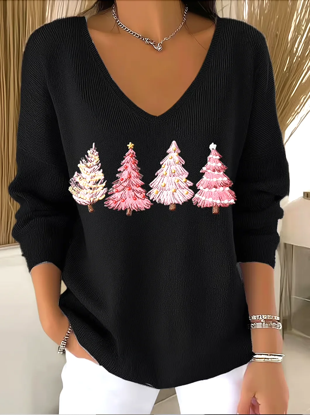 Women Cotton Plants Long Sleeve Comfy Casual Sweater