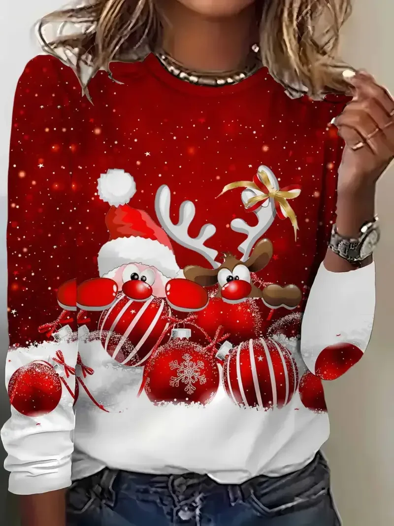 Casual Christmas Crew Neck Long Sleeve T-shirt