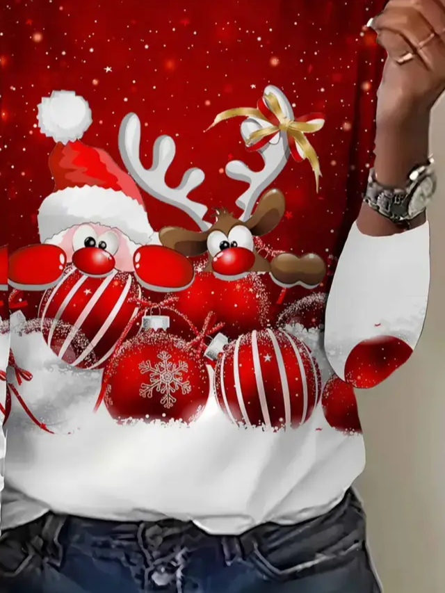 Casual Christmas Crew Neck Long Sleeve T-shirt