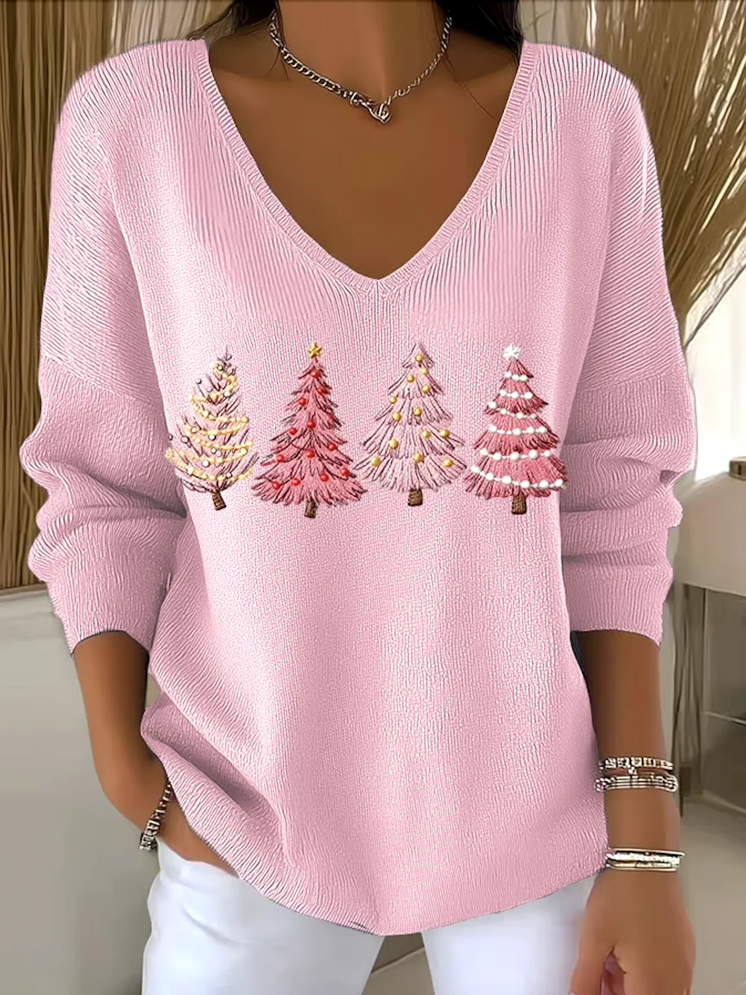 Women Cotton Plants Long Sleeve Comfy Casual Sweater