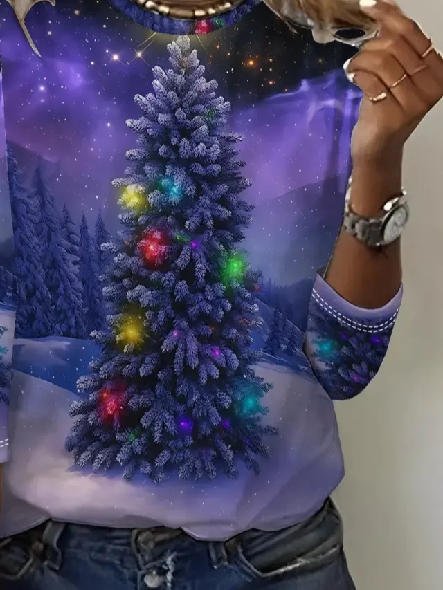 Casual Christmas Crew Neck Long Sleeve T-shirt