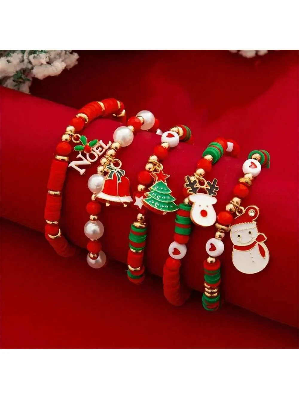 Christmas 6-Pack Cute Elk Polymer Clay Bracelet Set Women's Party Gift