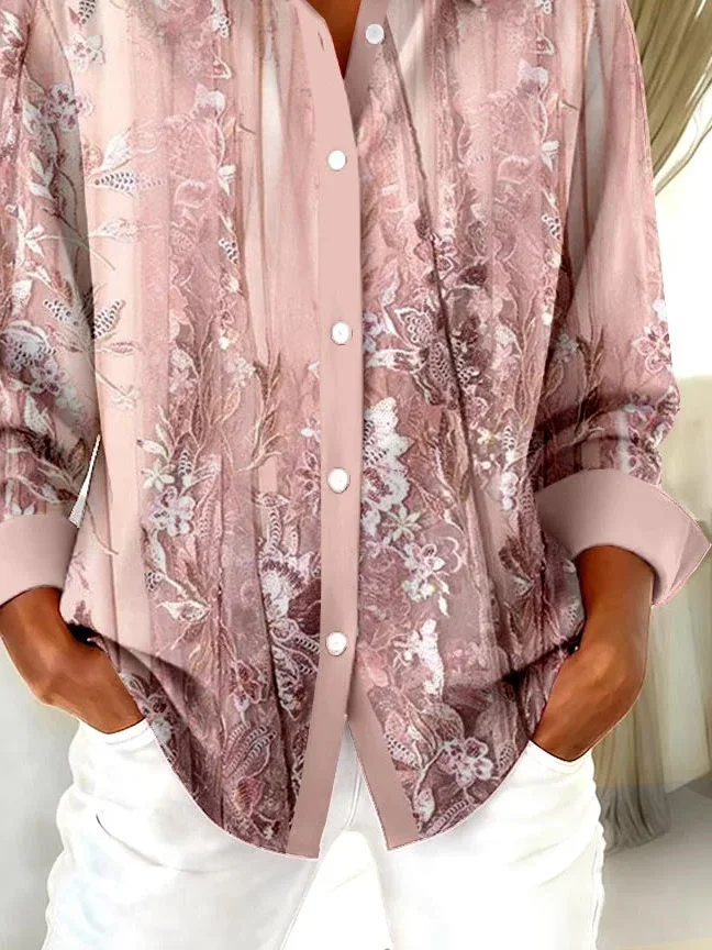 Shirt Collar Regular Sleeve Long Sleeve Floral Buckle Regular Loose Button Up Shirt Shirt For Women