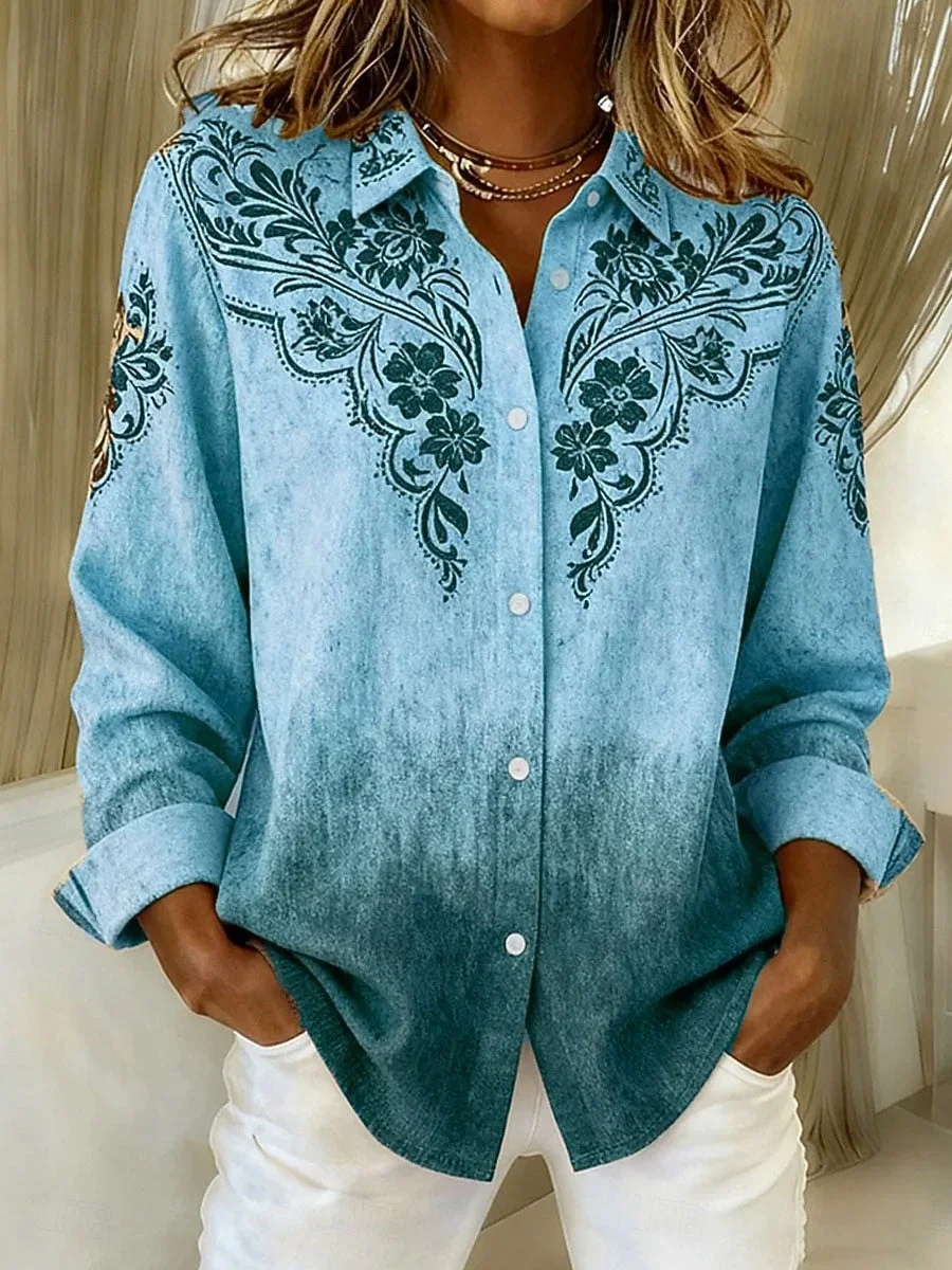 Shirt Collar Regular Sleeve Long Sleeve Floral Buckle Regular Loose Button Up Shirt Shirt For Women