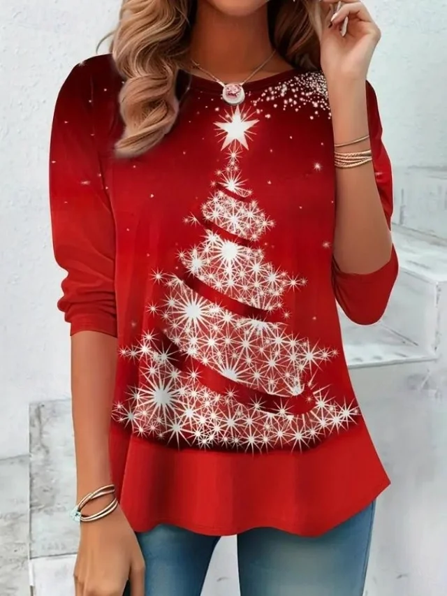 Casual Christmas Crew Neck Long Sleeve T-shirt