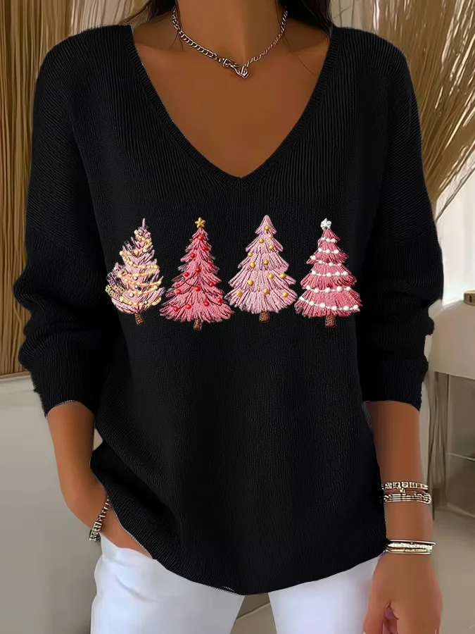 Casual Christmas V Neck Long Sleeve T-shirt