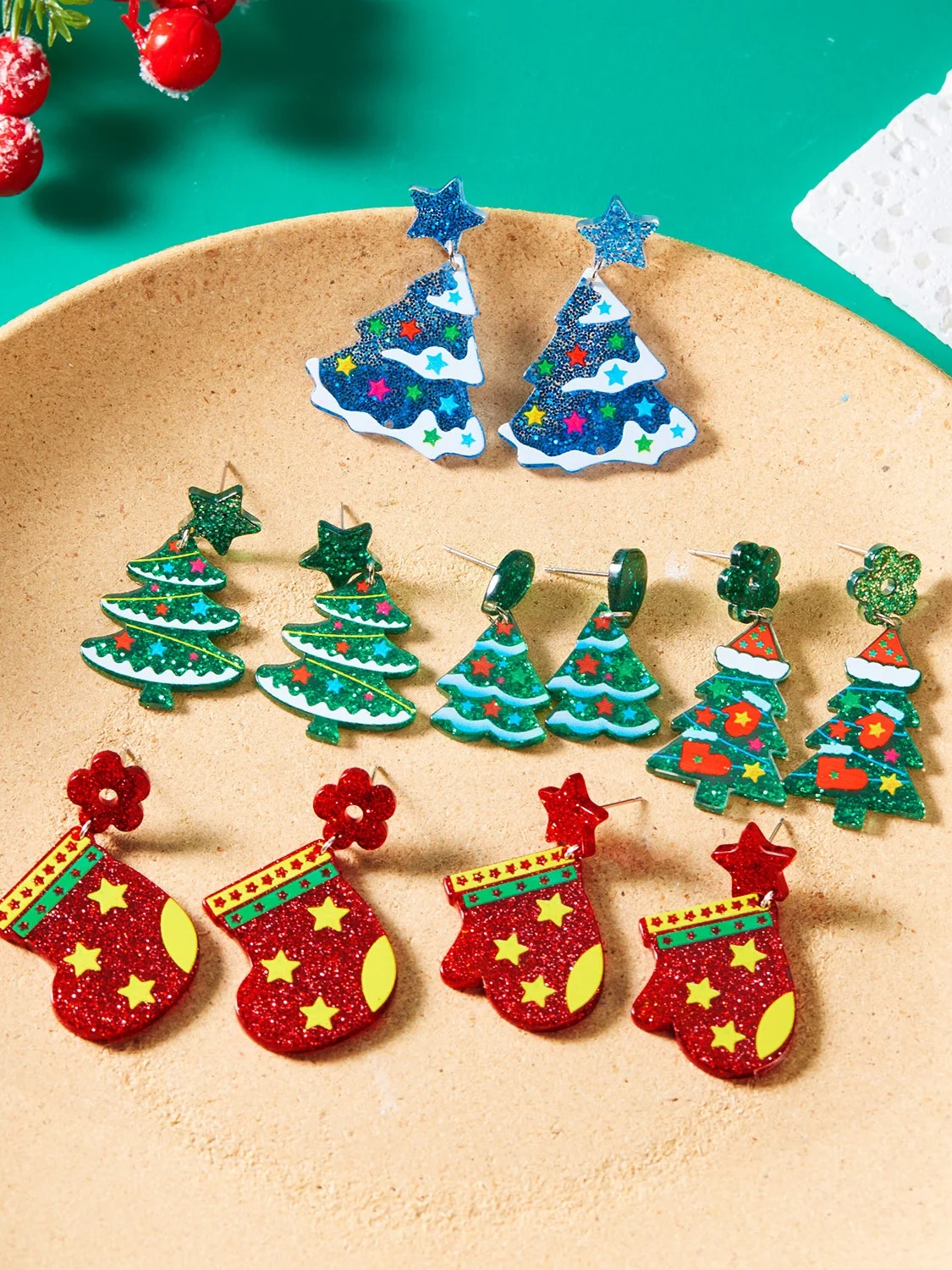 Christmas Earrings Fashion Acrylic Print Christmas Tree Christmas Stockings Gloves Stitching Earrings Christmas Holiday Party Earrings