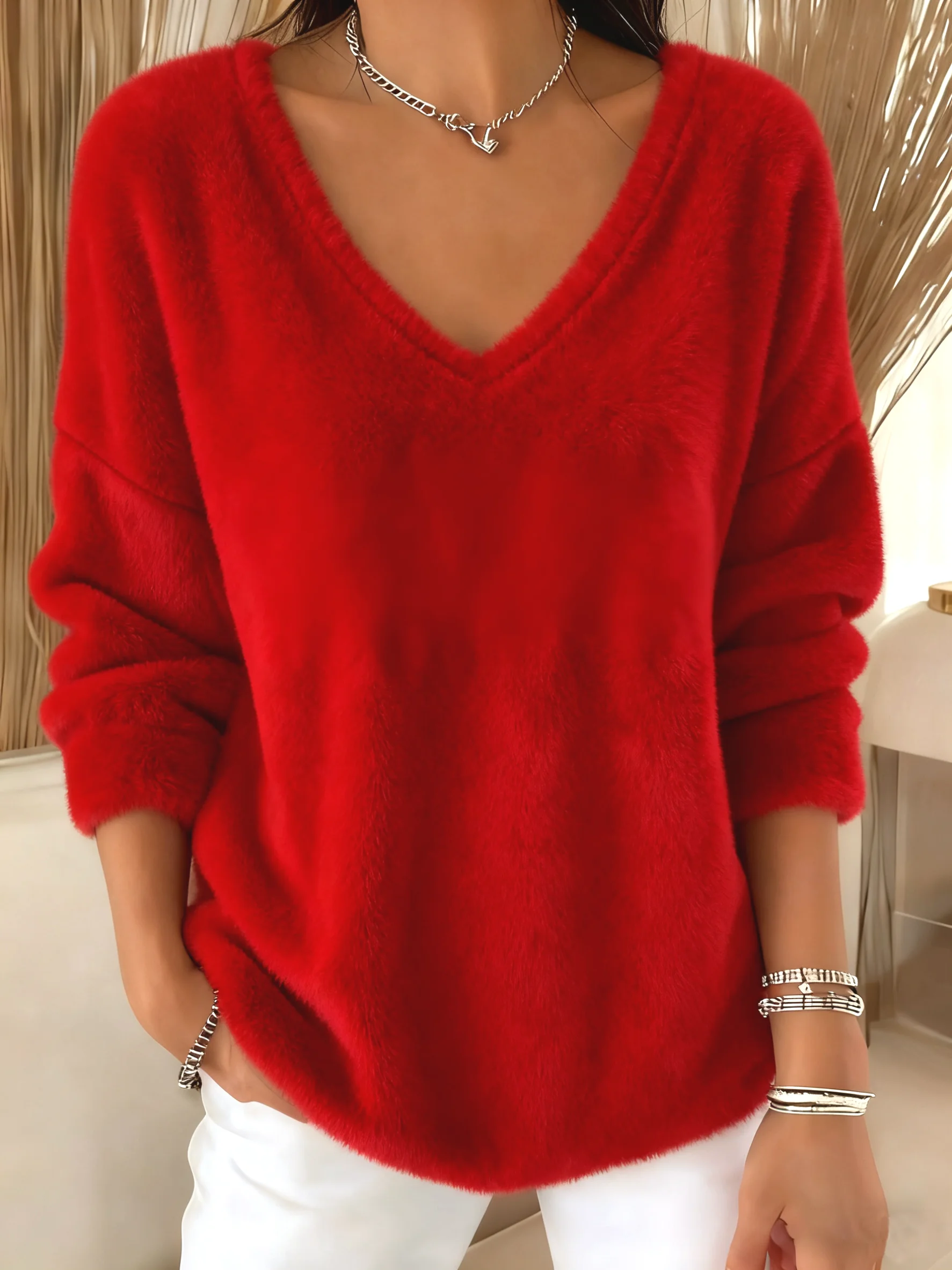 Casual Plain V Neck Long Sleeve T-shirt